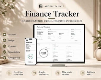 Notion: Rastreador de finanzas / Planificador de presupuesto, Rastreador de ingresos y gastos y suscripciones, Plantilla de gestión de dinero