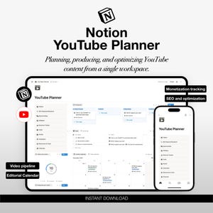 YouTube-plannersjabloon Notion | Videoproductietracker en contentkalender, sponsoring, tracker voor inkomsten genereren, itembibliotheek