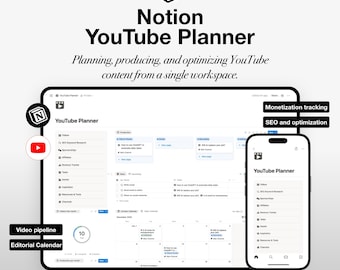 Plantilla de planificador de YouTube de Notion: seguimiento de producción de video y calendario de contenido, patrocinios, seguimiento de monetización y biblioteca de recursos.