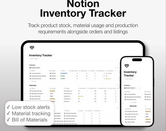 Plantilla de gestión de inventario de Notion para Etsy: Rastreador de productos, materiales y pedidos para comercio electrónico y vendedores de Etsy.