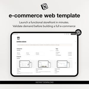 May include: A digital e-commerce web template displayed on a tablet. The image features the text "e-commerce web template" and "Launch a functional storefront in minutes." The tablet shows an online store interface with product categories and tags.