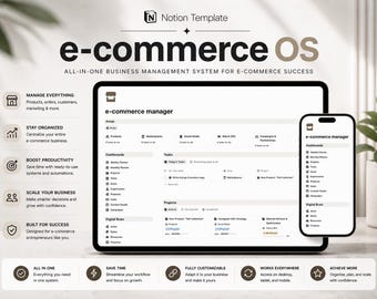 Plantilla de panel de control de comercio electrónico para Notion / Pequeñas empresas, comercio minorista, joyerías, marcas de moda / Planificador de vendedores para Shopify y Etsy