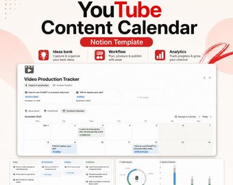 Plantilla de calendario de contenido de YouTube para Notion / Rastreador de videos + Planificador de contenido + Gestión de canales para creadores
