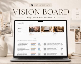 Plantilla de tablero de visión de Notion, tablero de sueños digital, planificador de metas de vida, lista de deseos y establecimiento de objetivos.