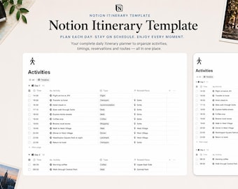 Plantilla de itinerario de Notion / Planificador de cronograma de viaje, organizador de rutas y horarios de vacaciones diarios