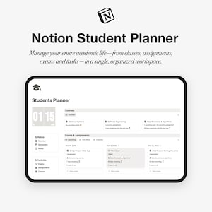 Op de afbeelding: Een digitale Notion Student Planner-interface op een tablet. Het scherm toont een kalenderweergave met cursus- en opdrachtdetails. De bovenkant van het scherm toont het Notion-logo en de woorden "Notion Student Planner".