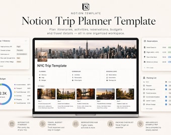 Plantilla de planificador de viajes de Notion / Itinerario de viaje, seguimiento de presupuesto, reservas y lista de equipaje.