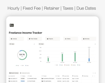 Notion Freelance Income Tracker, Invoice Tracker, Hourly Rate Calculator, Fixed Fee & Retainer Billing Template