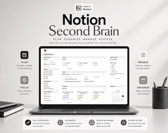 Plantilla Notion Second Brain / Sistema cerebral digital todo en uno para notas, tareas, proyectos y centro de conocimiento