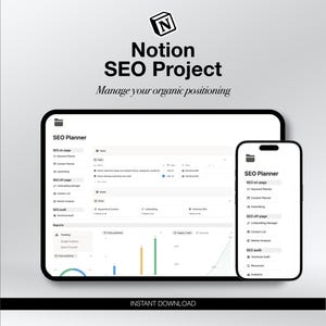 Pode incluir: Um modelo digital do projeto Notion SEO exibido em um tablet e smartphone. O tablet mostra uma interface detalhada do planejador de SEO com gráficos e dados. O smartphone exibe uma versão simplificada. A imagem inclui o texto "Notion SEO Project".