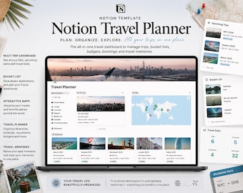 Planificador de viajes Notion / Panel de control para múltiples viajes, organizador de vacaciones y lista de deseos de viaje.