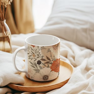 Floral Ceramic Mug 15oz - Elegant Coffee Cup, Tea Lover Gift, Home Decor, Mother&#39;s Day Present, Boho Style