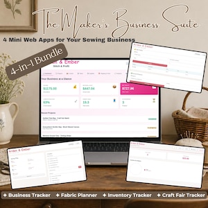 Op de afbeelding: Een digitaal 4-in-1 pakket genaamd The Maker's Business Suite voor naai-ondernemingen, weergegeven op een laptopscherm en drie kleinere tabletschermen. De interface toont Arden & Ember branding, zakelijke trackers, stoffenplanners, voorraadtrackers en beurstrackers met datadashboards, financiële overzichten en projectlijsten in een roze en wit kleurenschema.