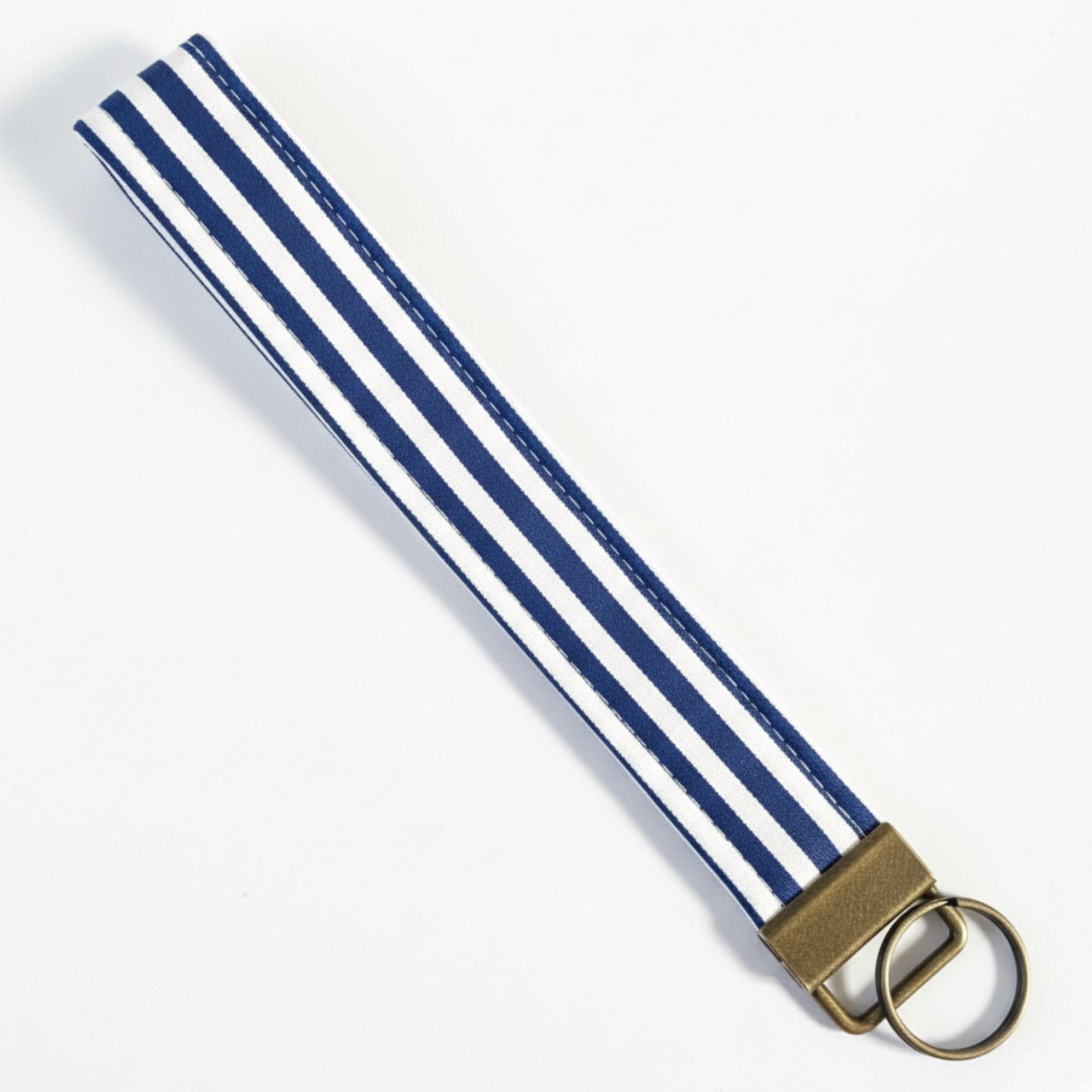 Quilted Handmade Nautical Navy Stripe Wristlet with Antique Brass Hardware. Key Fob Lanyard