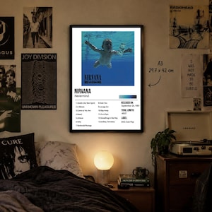 Może przedstawiać: Prostokątny plakat ścienny z okładką albumu Nevermind zespołu Nirvana, listą utworów i szczegółami wydania. Wydruk jest oprawiony w czarną ramę i ma wymiary 29,7 cm na 42 cm. Projekt zawiera kultowy obraz dziecka pod wodą.
