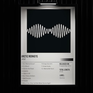 Può includere: Un poster incorniciato dell'album "AM" degli Arctic Monkeys. Il design presenta uno sfondo nero con un grafico a onde sonore bianco. Il titolo dell'album e la tracklist sono in testo bianco. Pubblicato il 9 settembre 2013.