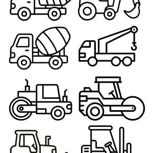 May include: A collection of eight black and white line drawings of construction vehicles. The illustrations include a dump truck, excavator, cement mixer, tow truck, road roller, steamroller, bulldozer, and forklift.