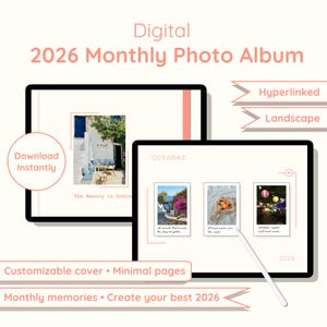 Puede incluir: Álbum de fotos mensual digital 2026 con una portada personalizable y páginas mínimas. El álbum está hipervinculado y en formato horizontal. La portada presenta una foto, y la página de octubre muestra tres fotos. Crea tus mejores recuerdos de 2026.
