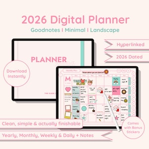 May include: A digital planner for 2026 with a minimalist design. The planner includes yearly, monthly, weekly, and daily views, with bonus stickers. The planner is hyperlinked and dated for 2026. The text on the planner says "PLANNER" and "TAKE IT SLOW".