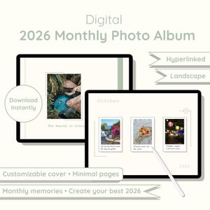 Könnte beinhalten: Digitales monatliches Fotoalbum 2026 mit anpassbarer Hülle und minimalen Seiten. Das Album ist hyperverlinkt und im Querformat. Das Cover zeigt ein Foto, und die Oktoberseite zeigt drei Fotos. Der Text lautet "Sofort herunterladen".