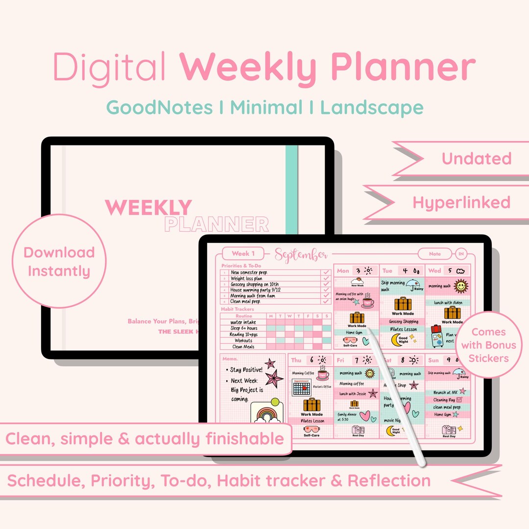 Undated Weekly Planner | Pink Minimalist Digital PDF for iPad Goodnotes ...
