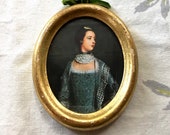 Vintage miniature portrait, young woman in 18th century dress, color print in gilt wood frame, glass, paper backing c1930 made in Italy