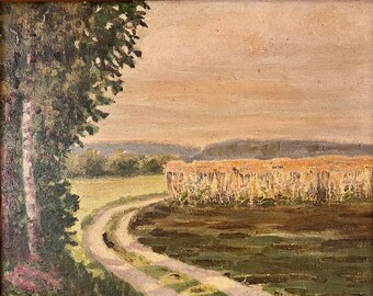 Vintage 1950s landscape oil painting, cornfield