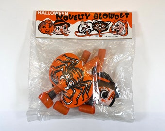 Vintage Halloween BLOWOUTS Noisemakers Made in Japan Spider Scarecrow and Jack O Lantern