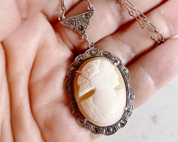 Antique Sterling Silver Macasite Cameo Pendant wi… - image 1