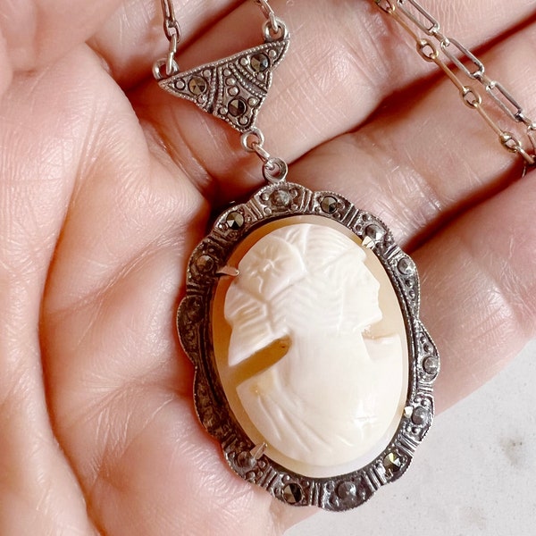 Antique Sterling Silver Macasite Cameo Pendant with silverplate chain 17.25”