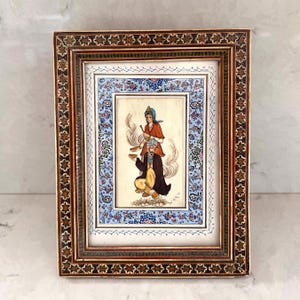 Persian Camel Bone Painting Inlaid Khatam Marquetry Mosaic Frame c1970 image 1