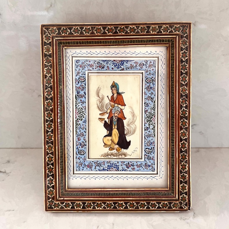 Persian Camel Bone Painting Inlaid Khatam Marquetry Mosaic Frame c1970 image 1