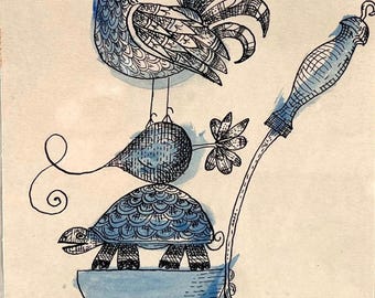 Vintage jaren 60 pentekening in inkt met aquarelwassoepen
