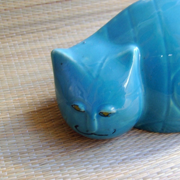 Cool Blue Ceramic Cat Bank - Vintage