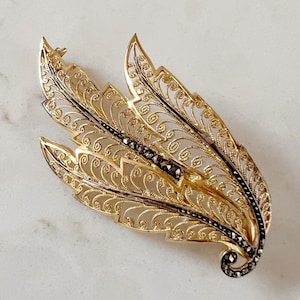 Vintage Gold wash over Sterling Silver Filigree Brooch Marcasite Germany c1990