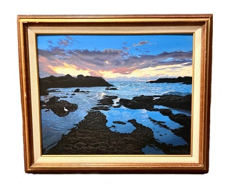 Stunning Vintage Acrylic Painting Seascape Coastal Beach Tidepool signed Leksan 1992