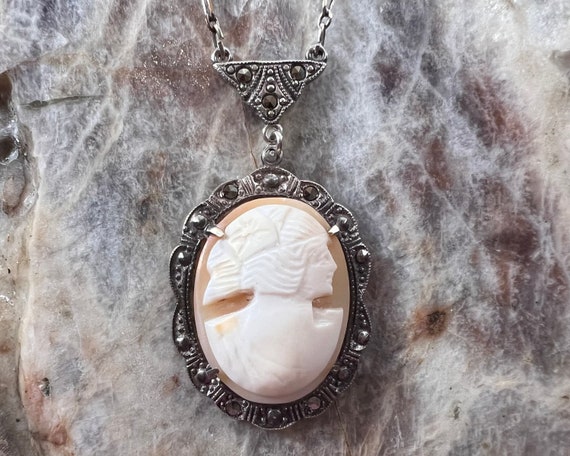 Antique Sterling Silver Macasite Cameo Pendant wi… - image 5