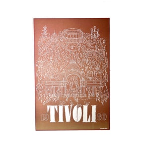 May include: A vintage poster with a brown background and white line drawings of a cityscape. The text "TIVOLI 1980" is at the bottom of the poster.