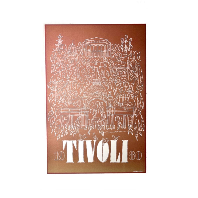 May include: A vintage poster with a brown background and white line drawings of a cityscape. The text "TIVOLI 1980" is at the bottom of the poster.