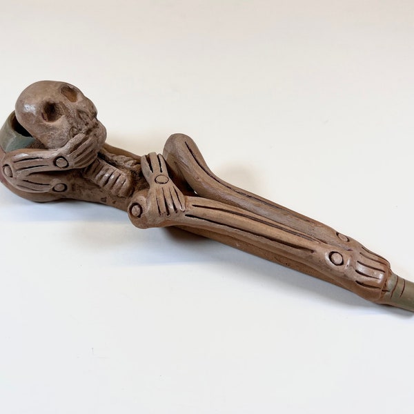 Vintage Day of the Dead skeleton pottery pipe, Mexico, Dia de los Muertos