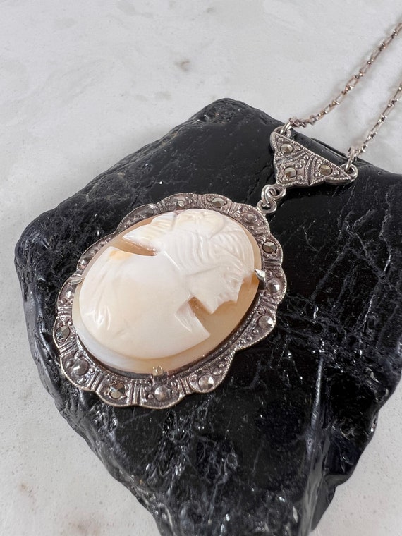 Antique Sterling Silver Macasite Cameo Pendant wi… - image 4