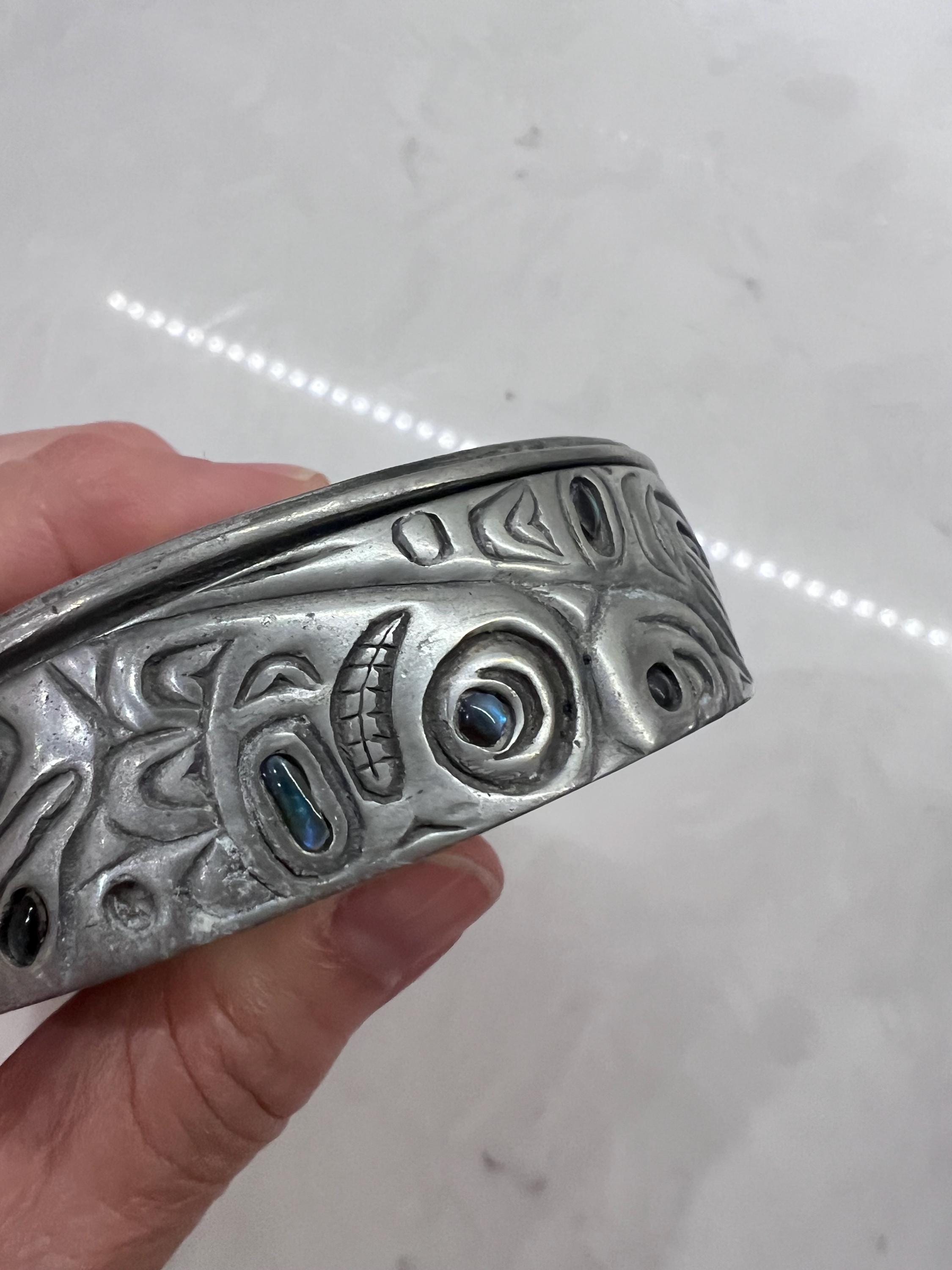 Vintage Glen Rabena Haida Art Inlaid Abalone Pewter Ring