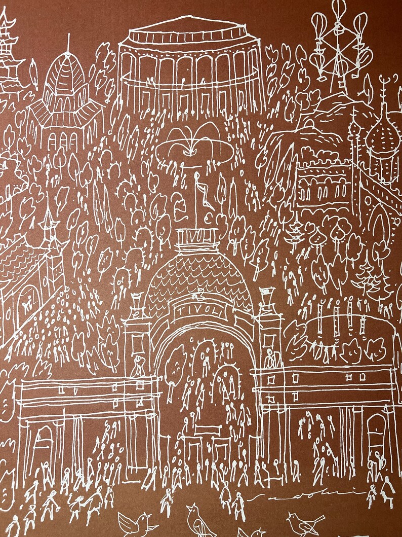May include: A white line drawing on a brown background depicting a bustling scene of a city park. The drawing includes a large building with the word "Tivoli" above the entrance, a fountain, trees, and many small figures of people.
