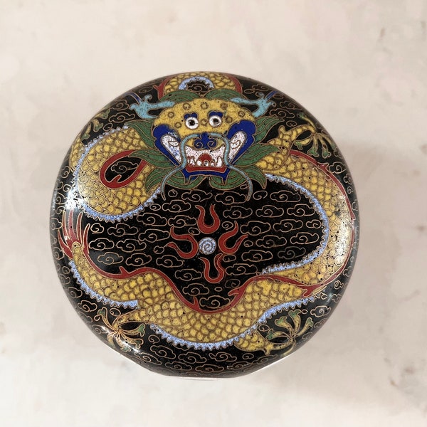 Antique Chinese cloisonne trinket or paste boxes 5 Toed Dragon flaming sun