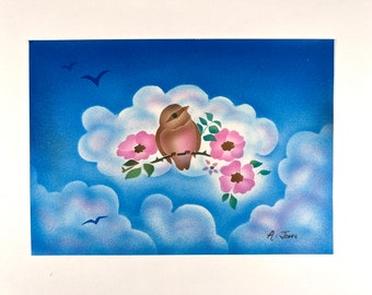 Vintage 1970s Airbrush Little bird on a branch Painting by A Jones,