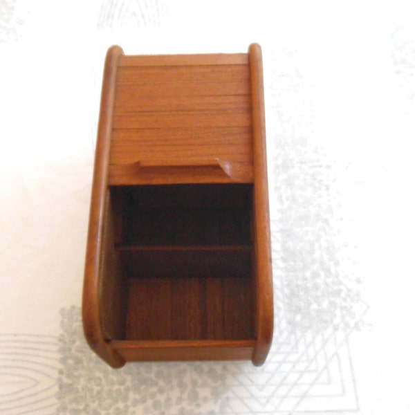 Vintage TEAK STORAGE Box - Sliding Rolltop Tambour - Computer Disc Organzier - 80s Desk Accessory - Office Organizer