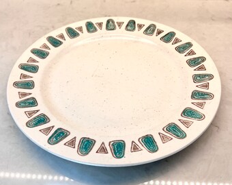 2pc POPPYTRAIL Metlox Navajo pattern Gravy Boat and 10 1/2" dinner plate Turquoise Brown Geometric Rim, Speckles c 1960