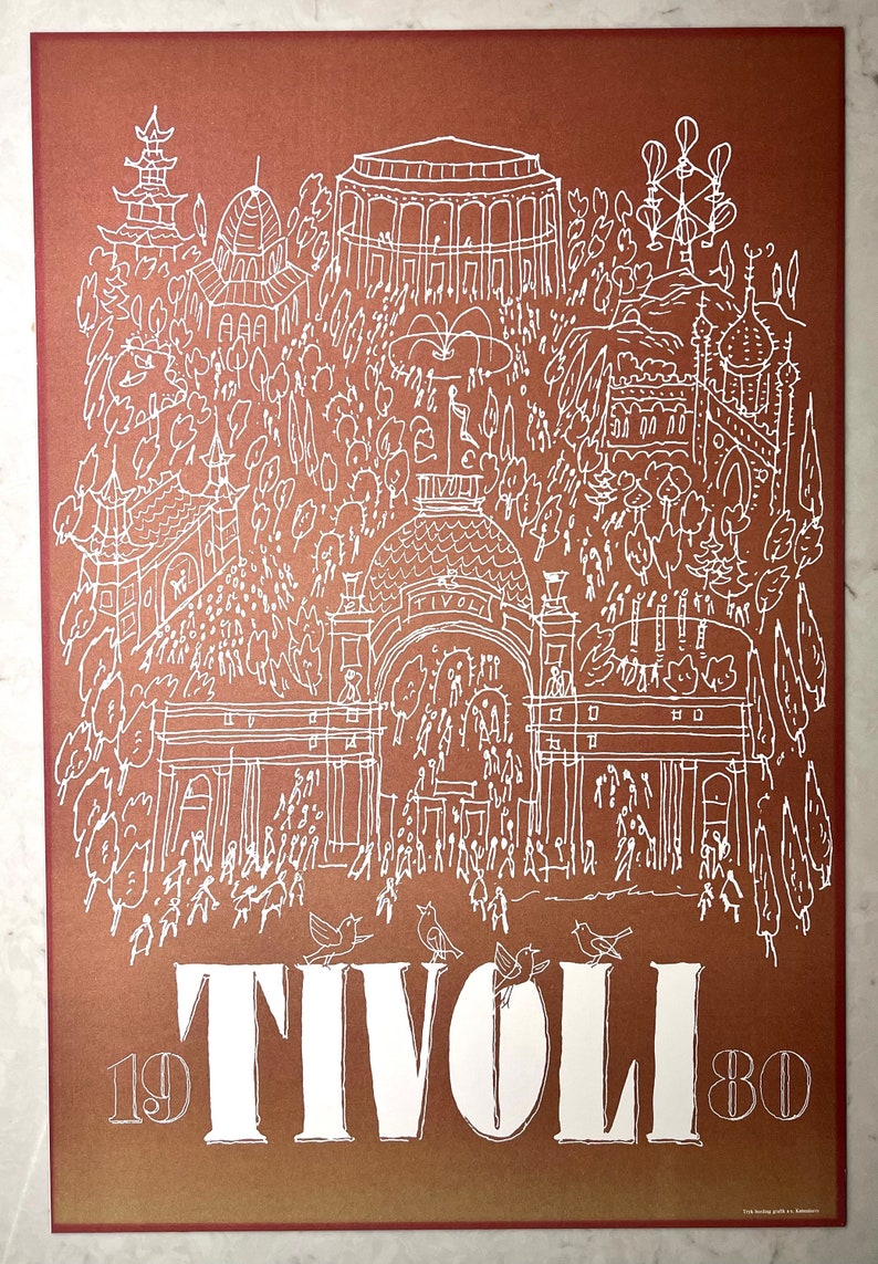 May include: A white line drawing of a park with buildings, trees, and people. The text "TIVOLI 1980" is at the bottom of the image.