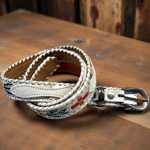 Vintage Beaded Leather Belt Western Wear 33” - 36” White  display picture 3