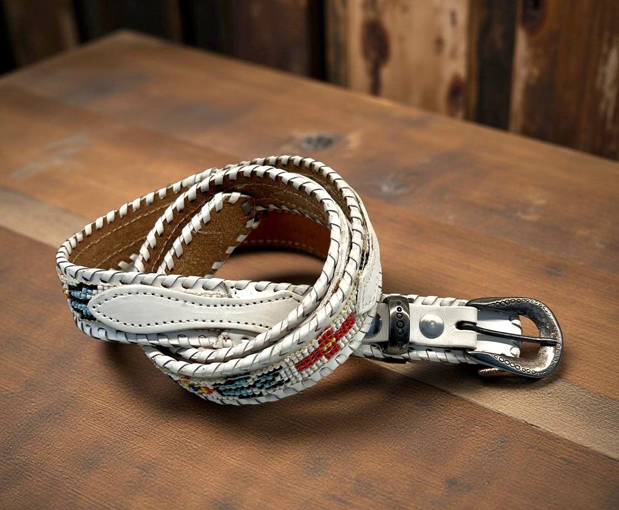 Vintage Beaded Leather Belt Western Wear 33” - 36” White  display picture 2